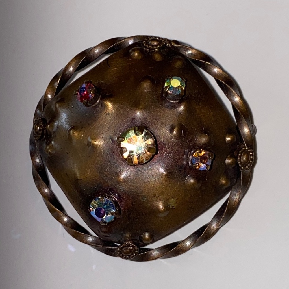 VTG? Bronze Rhinestone Jeweled Steampunk Square Round Twisted Frame Pin Vintage?